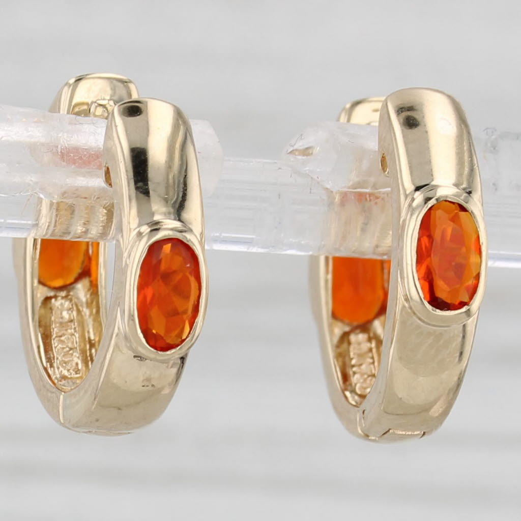 Light Gray 0.52ctw Fire Opal Hoop Huggie Earrings 14k Yellow Gold Hinged Snap Top