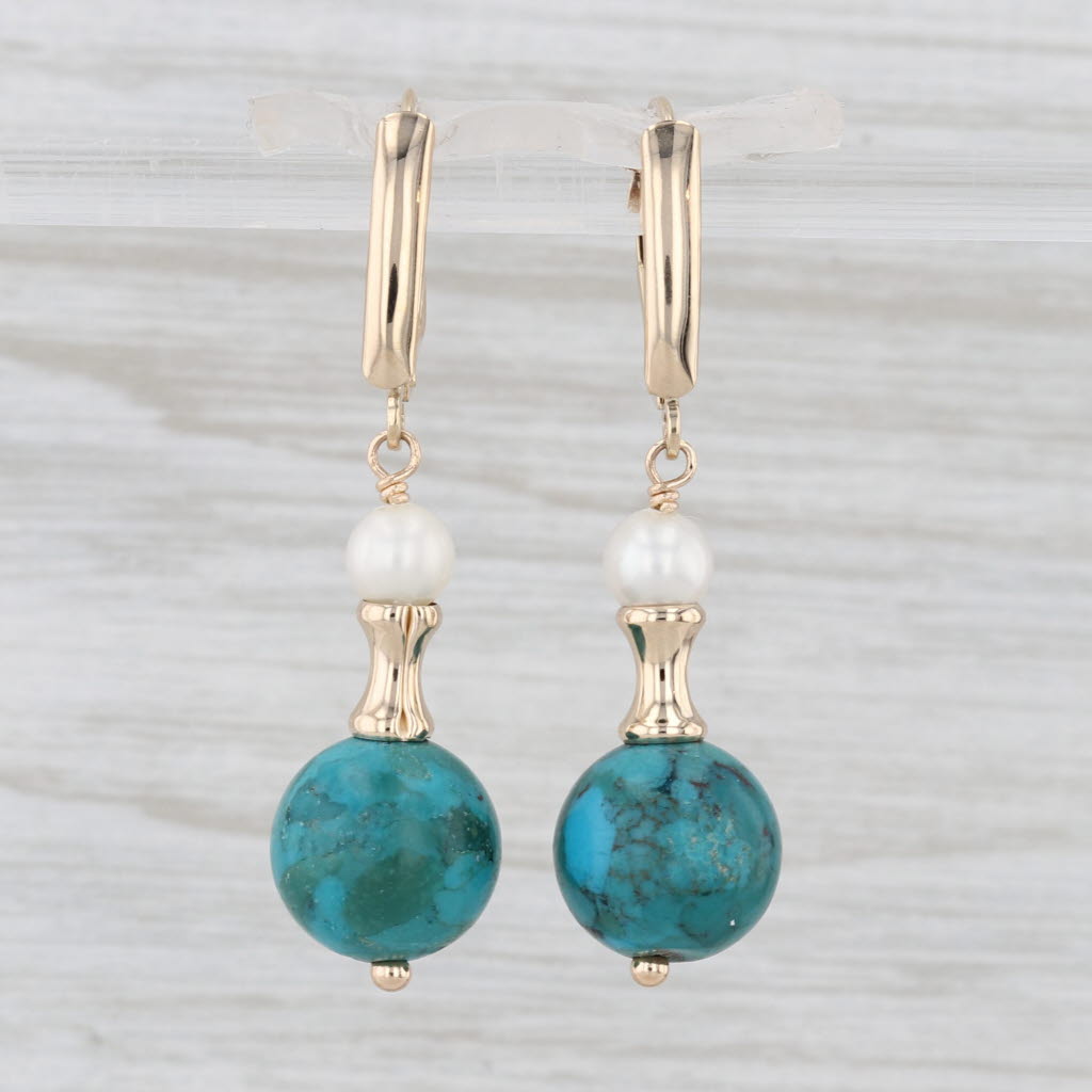 Cultured Pearl Green Bead Dangle Earrings 14k Yellow Gold Lever Backs