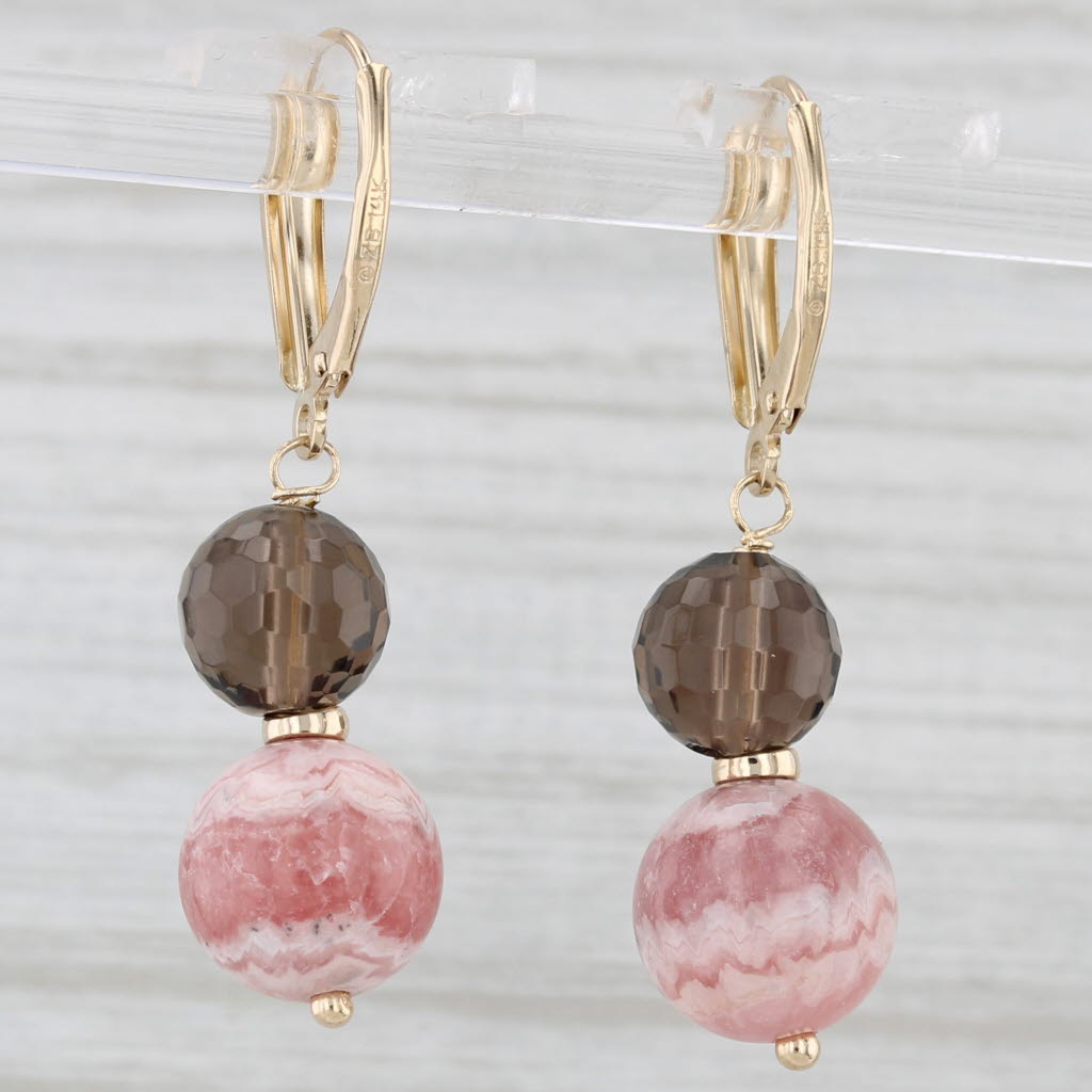 Light Gray Smoky Quartz Rhodochrosite Bead Dangle Earrings 14k Yellow Gold