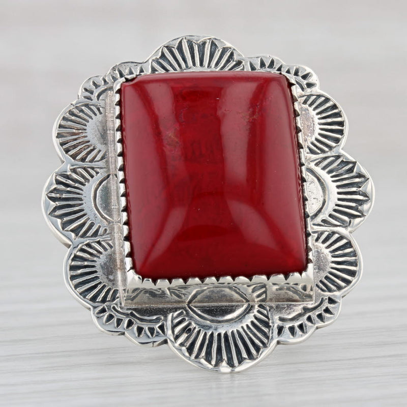 Light Gray Vintage Southwestern Red Resin Statement Ring Sterling Silver Size 7.25