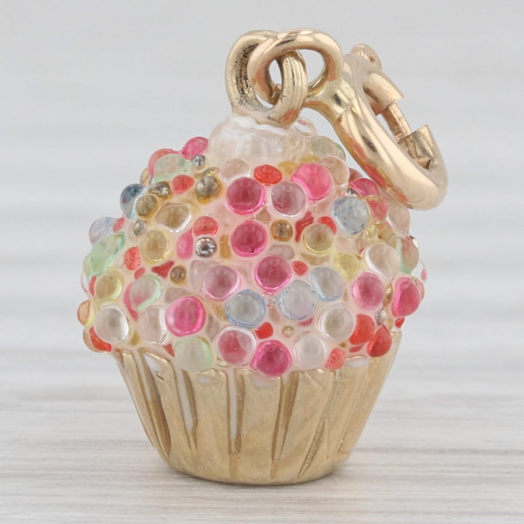 Light Gray Cupcake Charm 14k Yellow Gold Glass Food Dessert Pendant