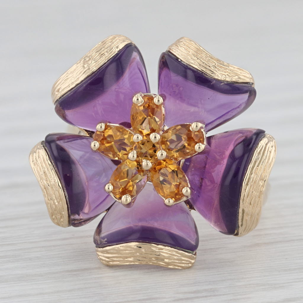 Gray Amethyst Citrine Flower Statement Cocktail 14K Yellow Gold Ring Size 8.25