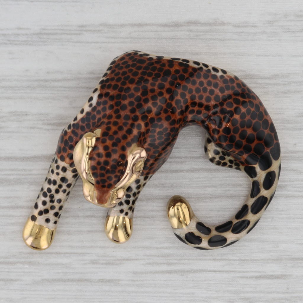 Gray Leopard Slide Pendant 14k Yellow Gold Enamel Statement