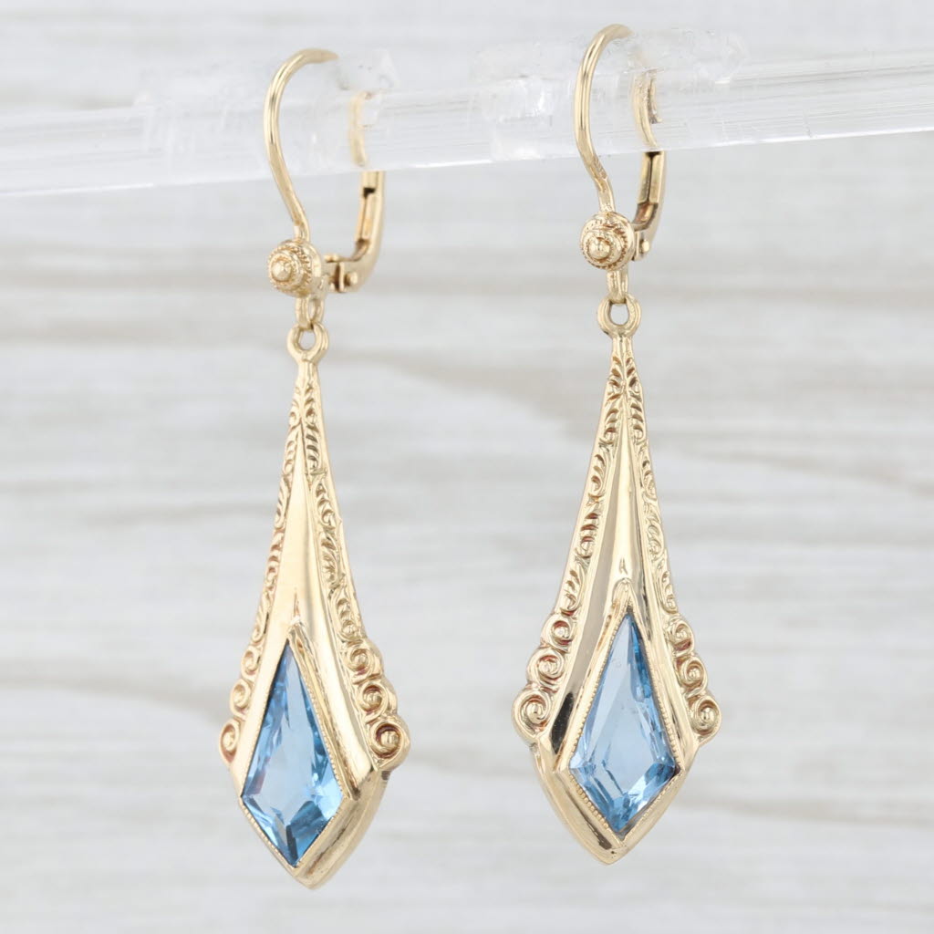 Light Gray Vintage Lab Created Blue Spinel Dangle Earrings 14k Yellow Gold Leverbacks