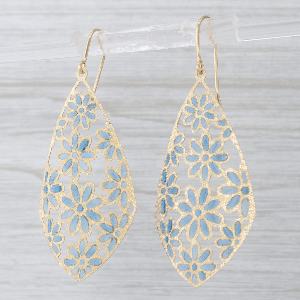 Blue Resin Flower Dangle Earrings 14k Yellow Gold Hook Posts Lightweight