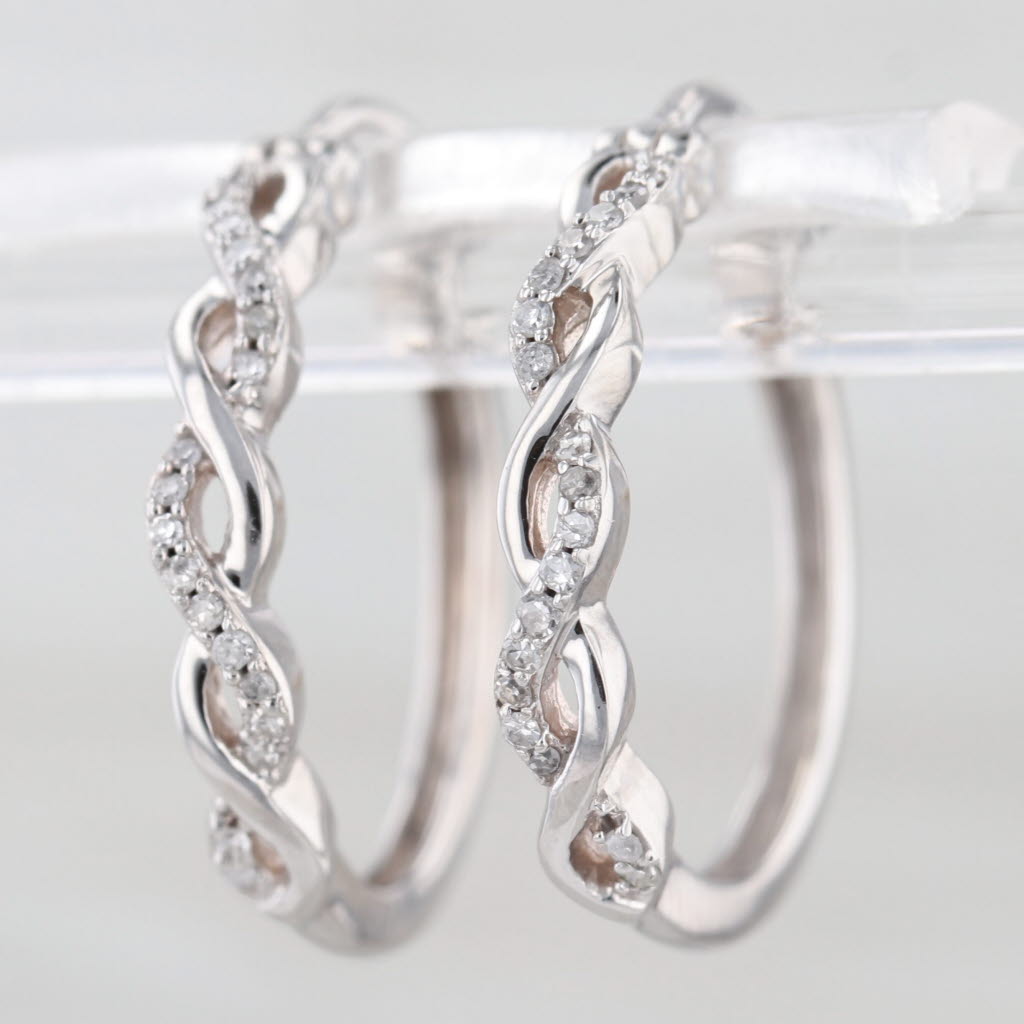 Woven Diamond Hoop Earrings 10k White Gold Round Hoops Snap Top Posts