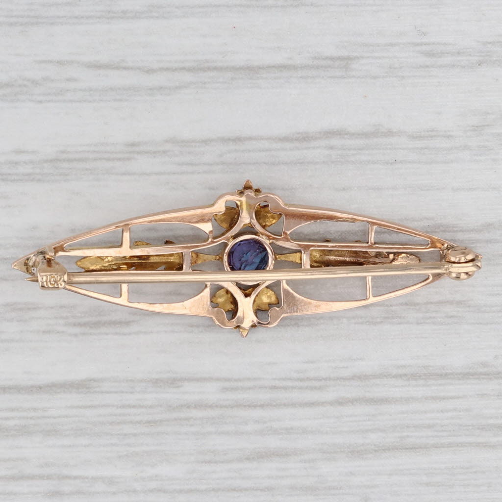 Light Gray Vintage Blue Garnet Floral Brooch 10k Green Yellow Gold Pin