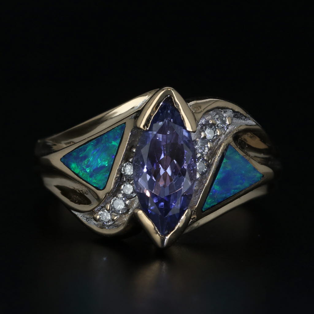 Black 1.16ctw Marquise Tanzanite Diamond Opal Ring 14k Yellow Gold Size 7