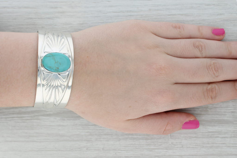 Lab Created Turquoise Cuff Bracelet Sterling Silver 7"