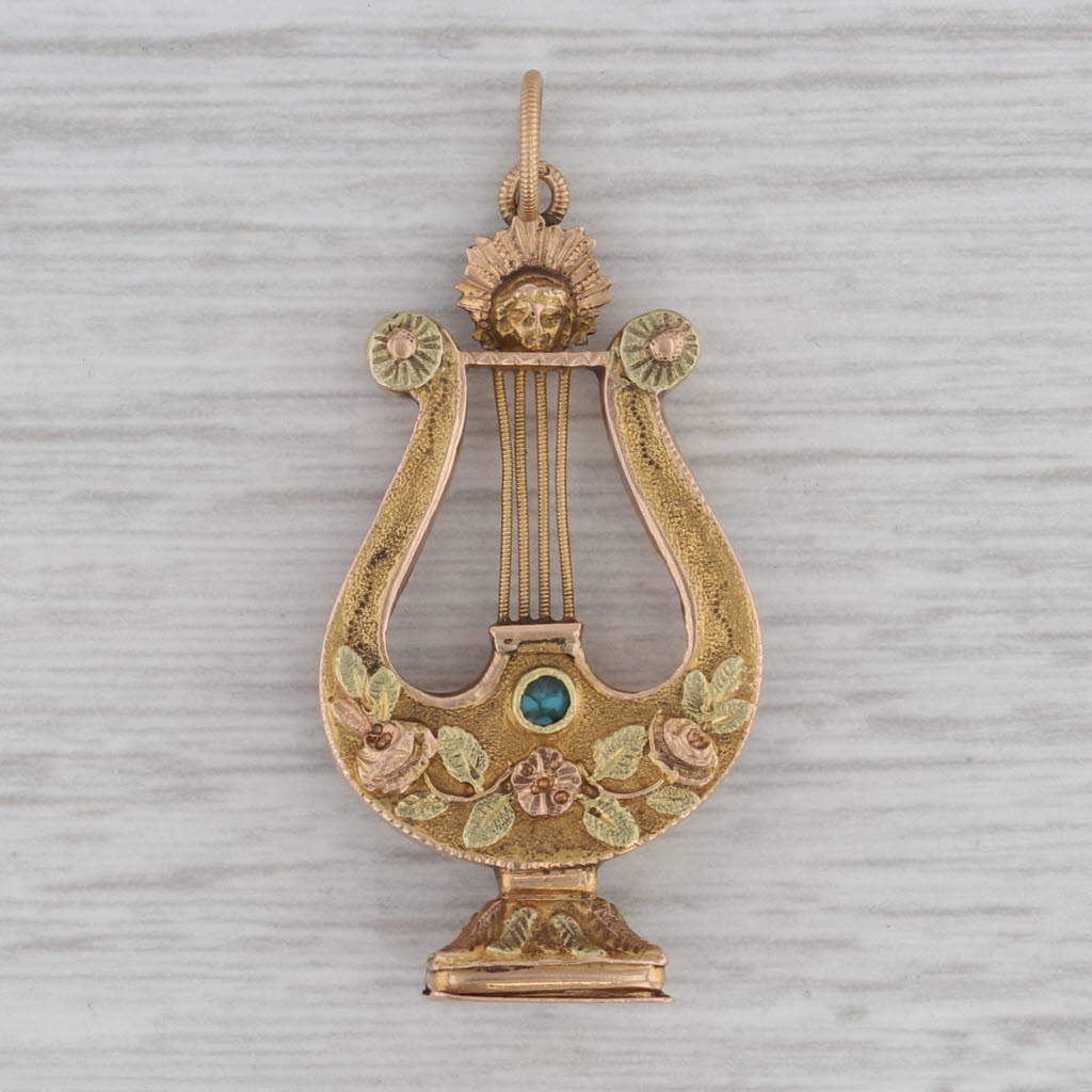 Gray Antique Lyre Figurine Charm 16-17k Gold Turquoise Pendant 1800s Floral D'amitie