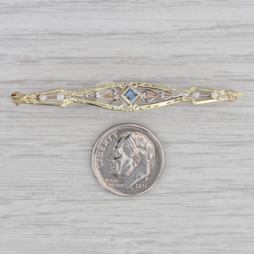 Gray Seed Pearl Lab Created Blue Sapphire Ornate Bar Pin 14k Gold Brooch