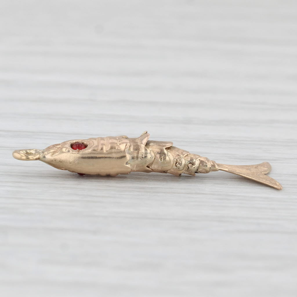 Light Gray Articulating Fish Charm 800 Yellow Gold Red Glass Eye Nautical Pendant