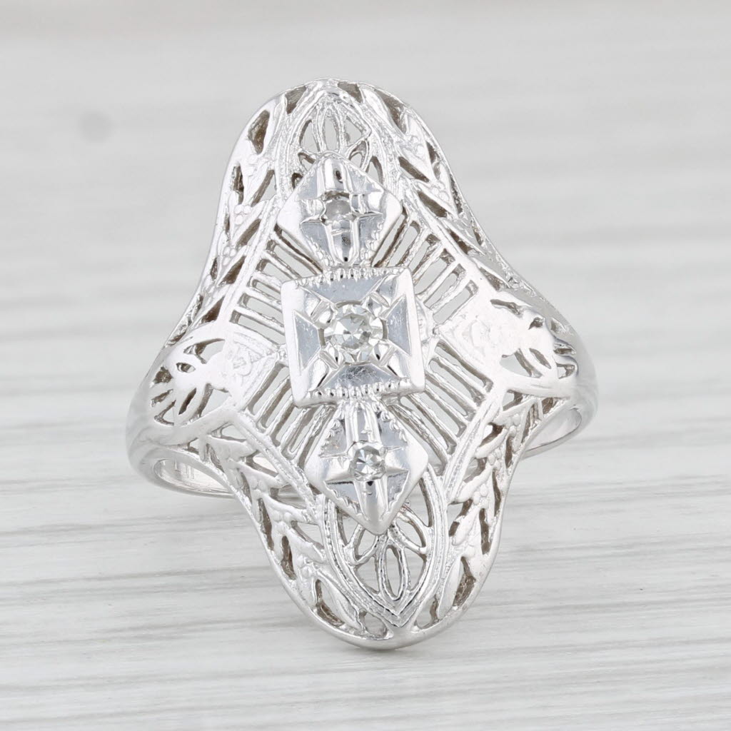 Light Gray Diamond Filigree Ring 10k White Gold Size 4.25 Vintage Art Deco