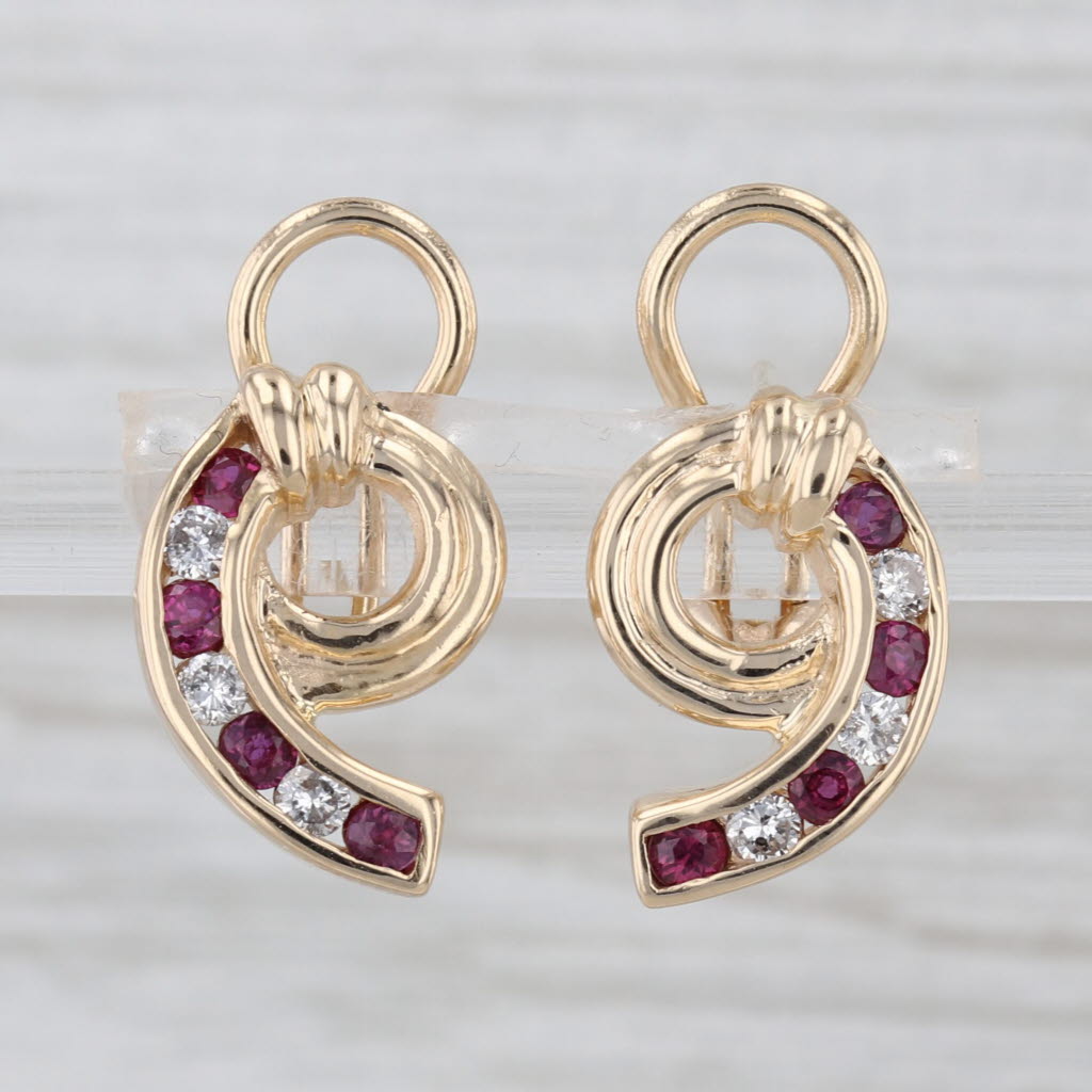 0.75ctw Diamond Ruby Swirl Drop Earrings 14k Yellow Gold Omega Backs
