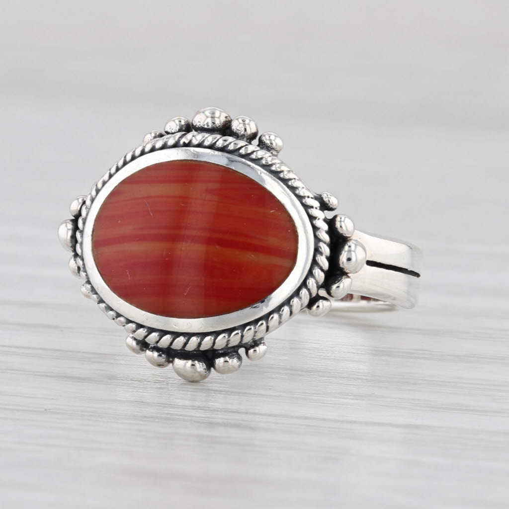 Orange Resin Bead Accented Ring Sterling Silver Size 8