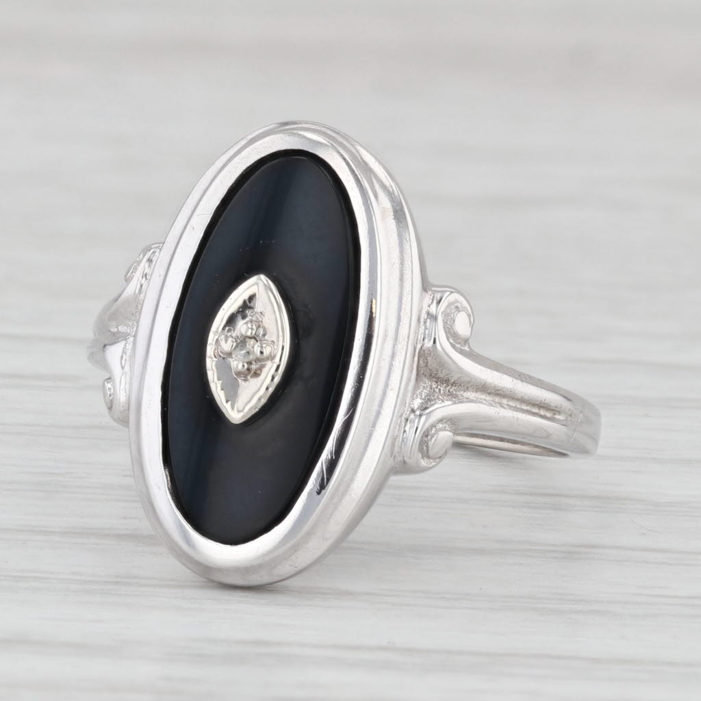 Light Gray Diamond Onyx Vintage Signet Ring 10k White Gold Size 6.25