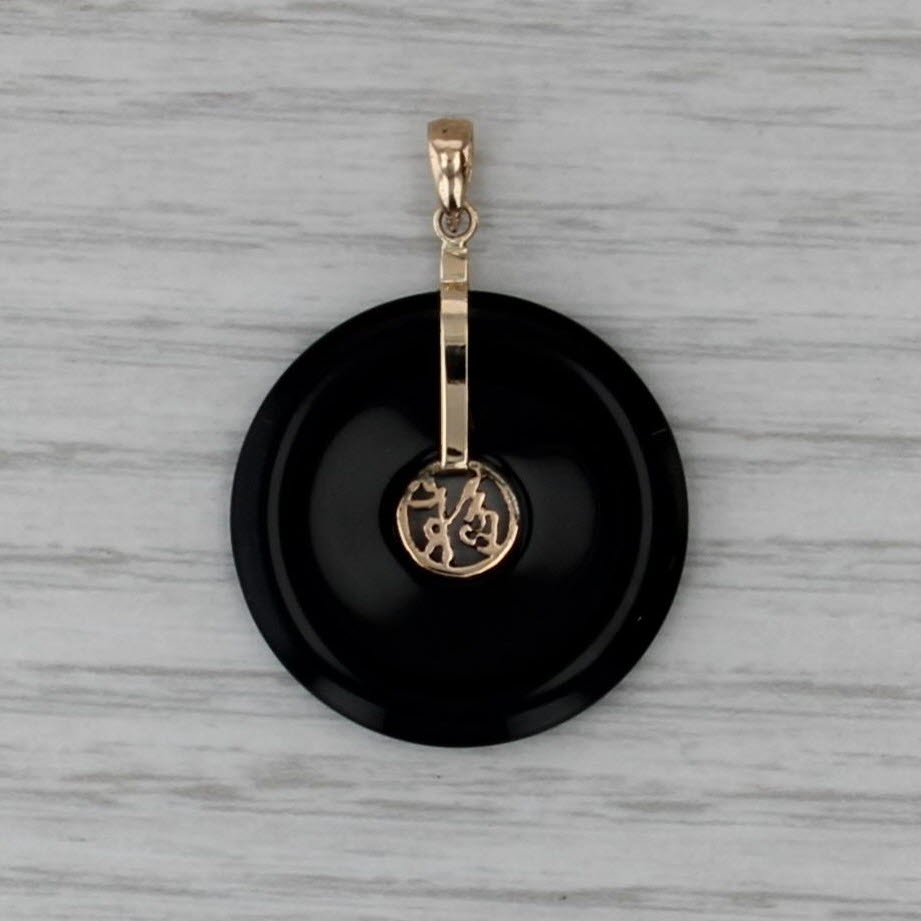 Onyx Hololith Good Luck Chinese Calligraphy Pendant 14k Yellow Gold
