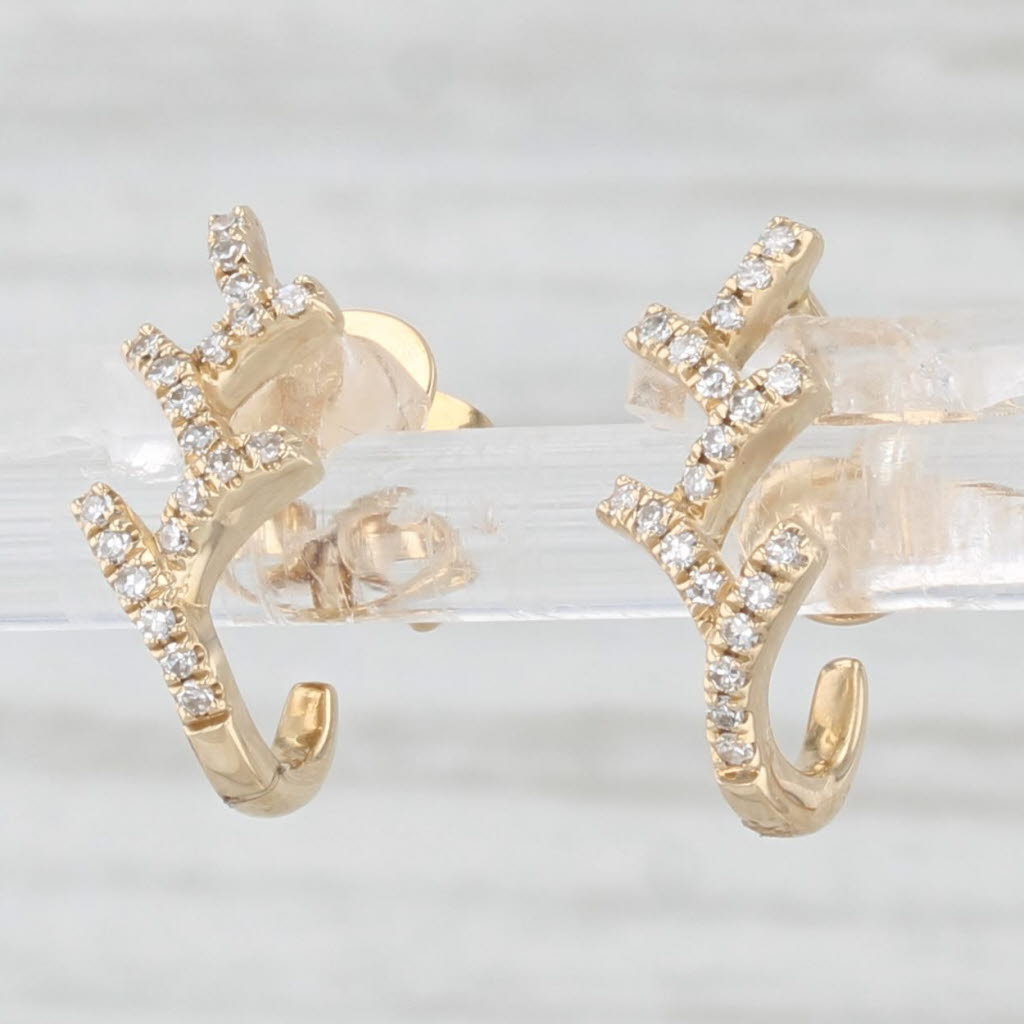 Light Gray New Diamond Tree J-Hook Earrings 14k Yellow Gold Small Stud Drops