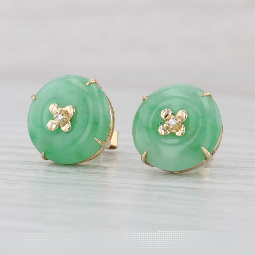 Green Jadeite Jade Diamond Flower Button Stud Earrings 14k Yellow Gold Studs