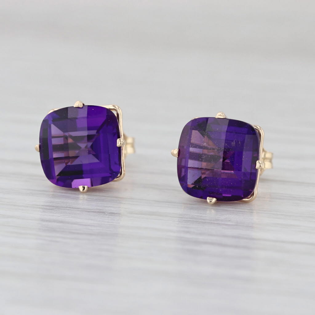 4ctw Amethyst Stud Earrings 14k Yellow Gold Cushion Solitaire Studs