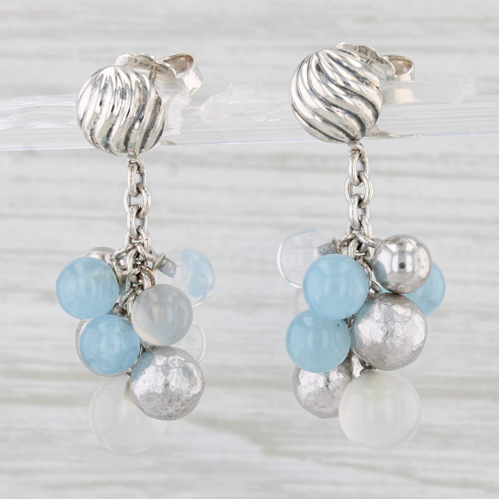 Light Gray Yurman Elements Bead Aquamarine Chalcedony Earrings Sterling Silver 14k Gold