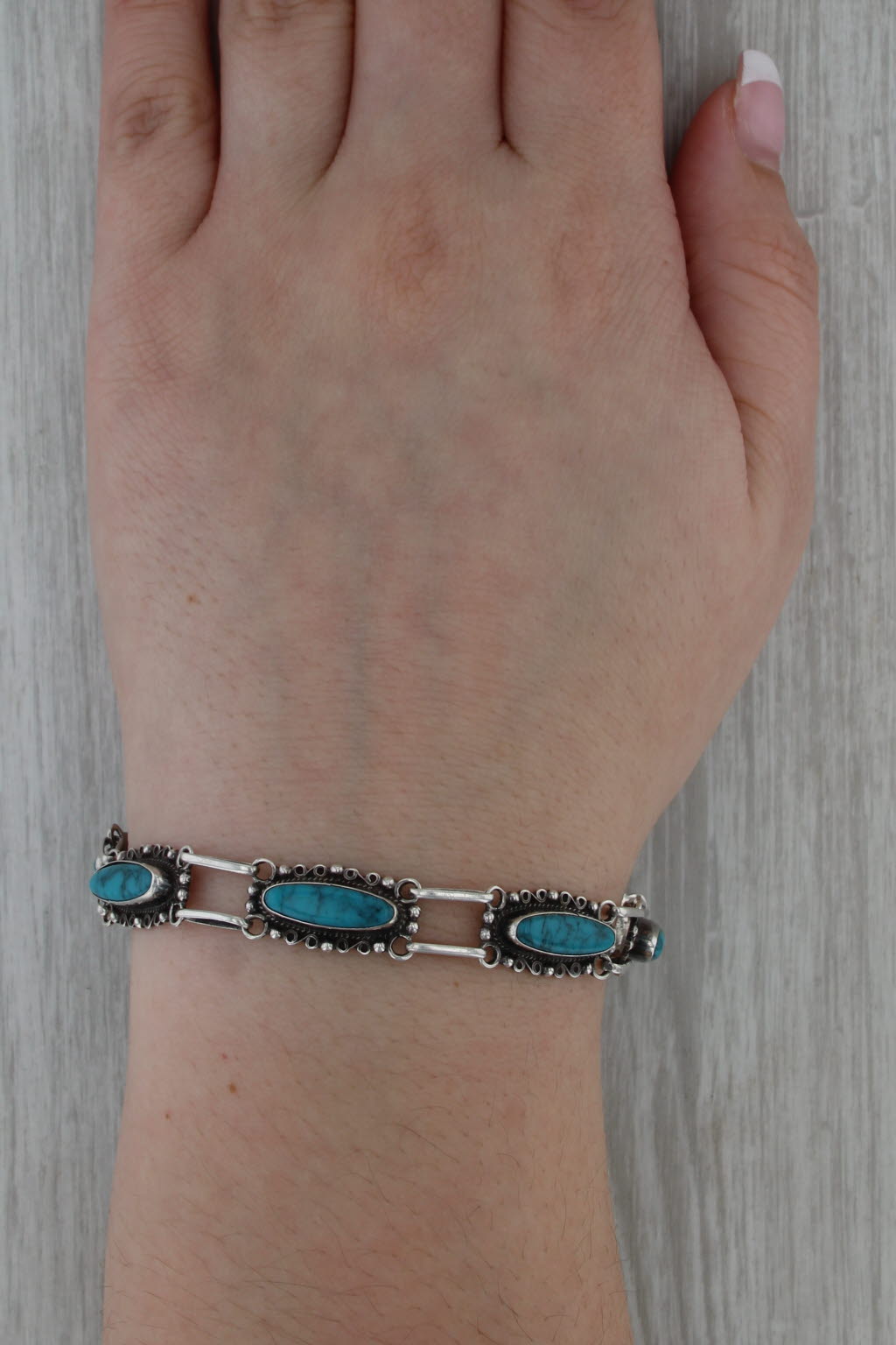 Vintage Southwestern Imitation Turquoise Bracelet Sterling Silver 7.25" 10mm