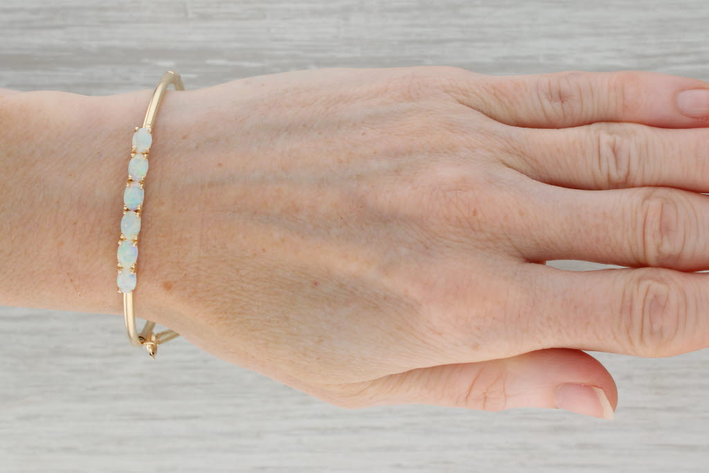 Dark Gray Opal Bangle Bracelet 14k Yellow Gold 6.5" Hinged with Safety Chain
