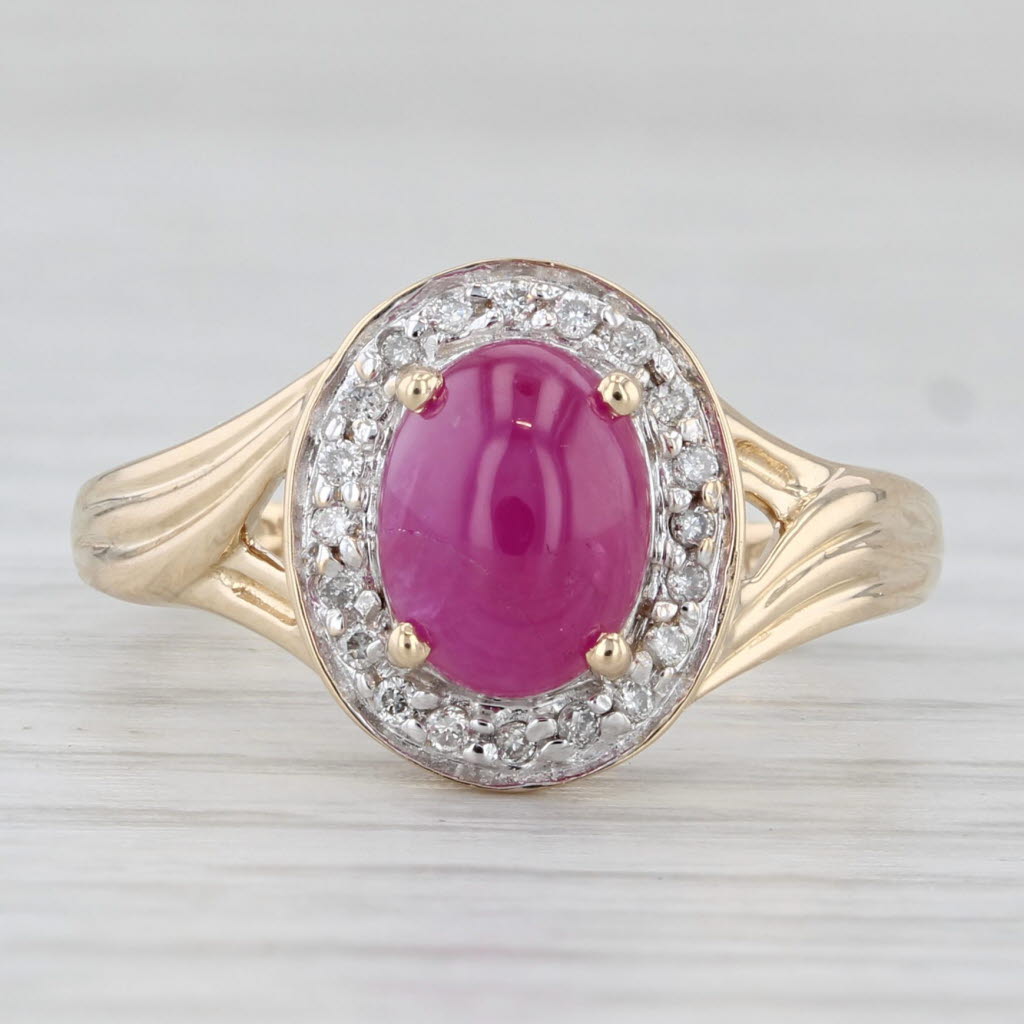 Light Gray Oval Cabochon Ruby Diamond Halo Ring 14k Yellow Gold Size 7.25