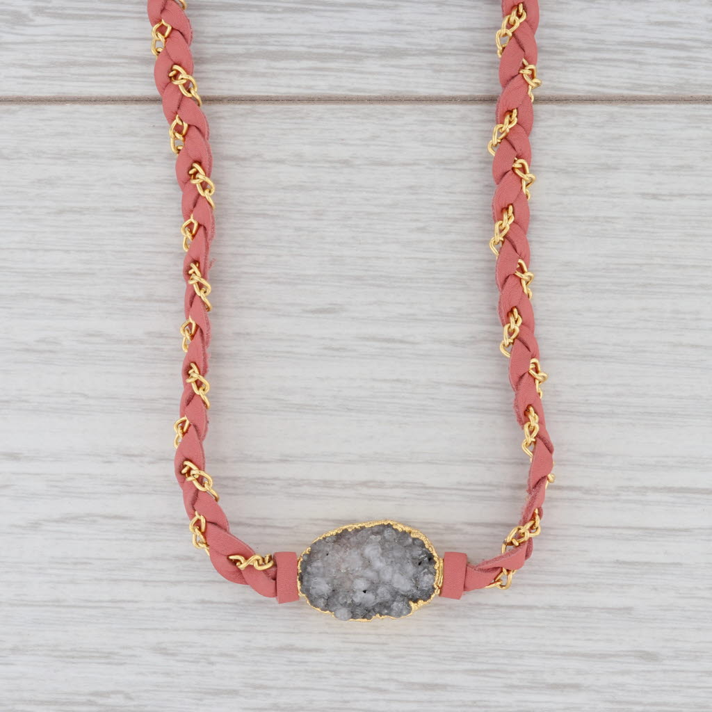 New Nina Wynn Necklace Cordelia Woven Pink Leather Gray Druzy Pendant NWT