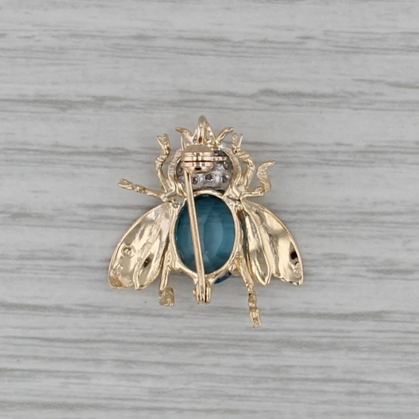 3.50ctw Blue Topaz Diamond Bee Brooch Pendant 14k Yellow Gold Pin