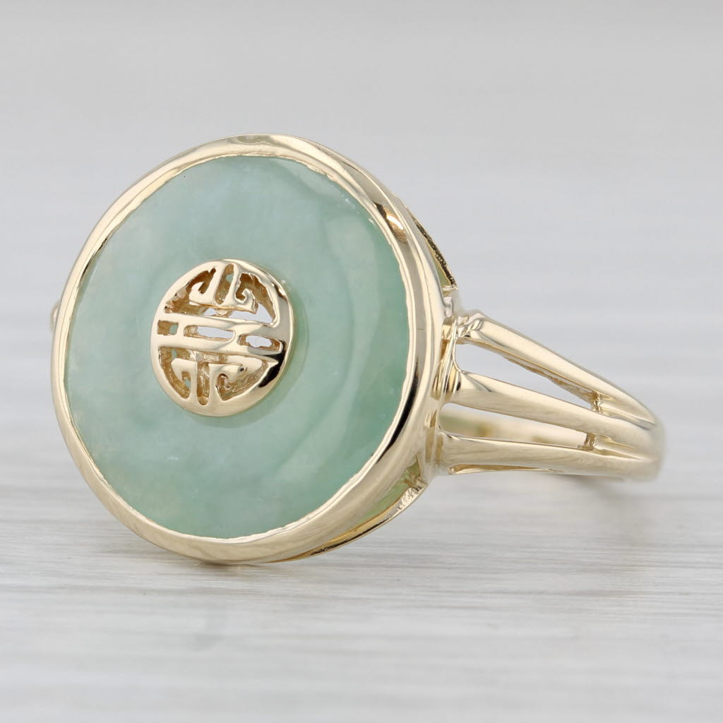 Gray Green Jadeite Jade Torus Chinese Calligraphy Ring 14k Yellow Gold Size 7.75