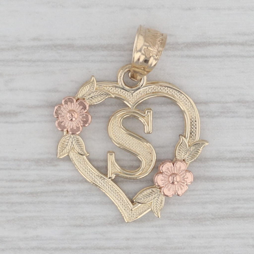 Gray Initial Letter S Floral Heart Pendant 14k Yellow Rose Gold