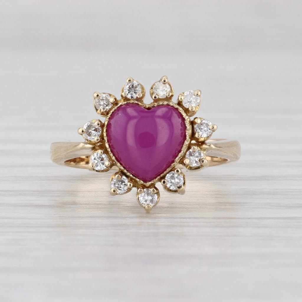 Lab Created Star Ruby Heart Cabochon Diamond Halo Ring 13k Yellow Gold Size 4.5