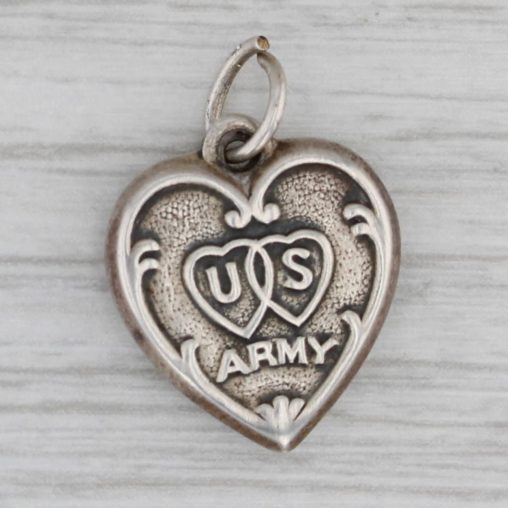 Gray Vintage Puffy Heart US Army Charm Sterling Silver Engraved Pendant