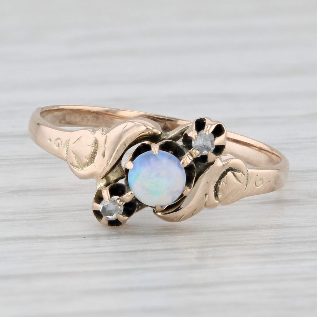 Light Gray Antique Diamond Opal Bypass Ring 10K Yellow Gold Size 6.5