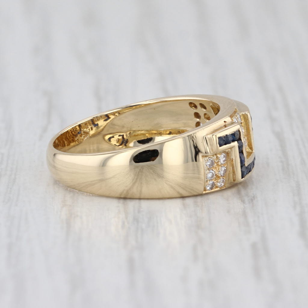 Vintage 0.40ctw Blue Sapphire Diamond Greek Key Ring 18k Yellow Gold Size 7-7.25