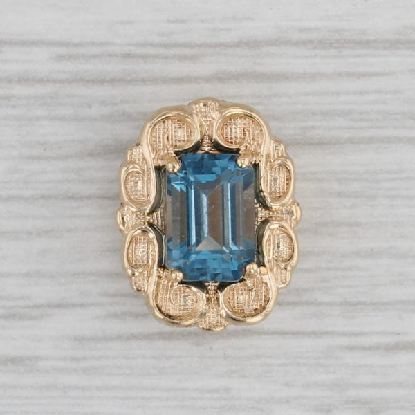 Vintage 1.40ct Blue Topaz Slide Bracelet Charm 14k Gold Emerald Cut Solitaire