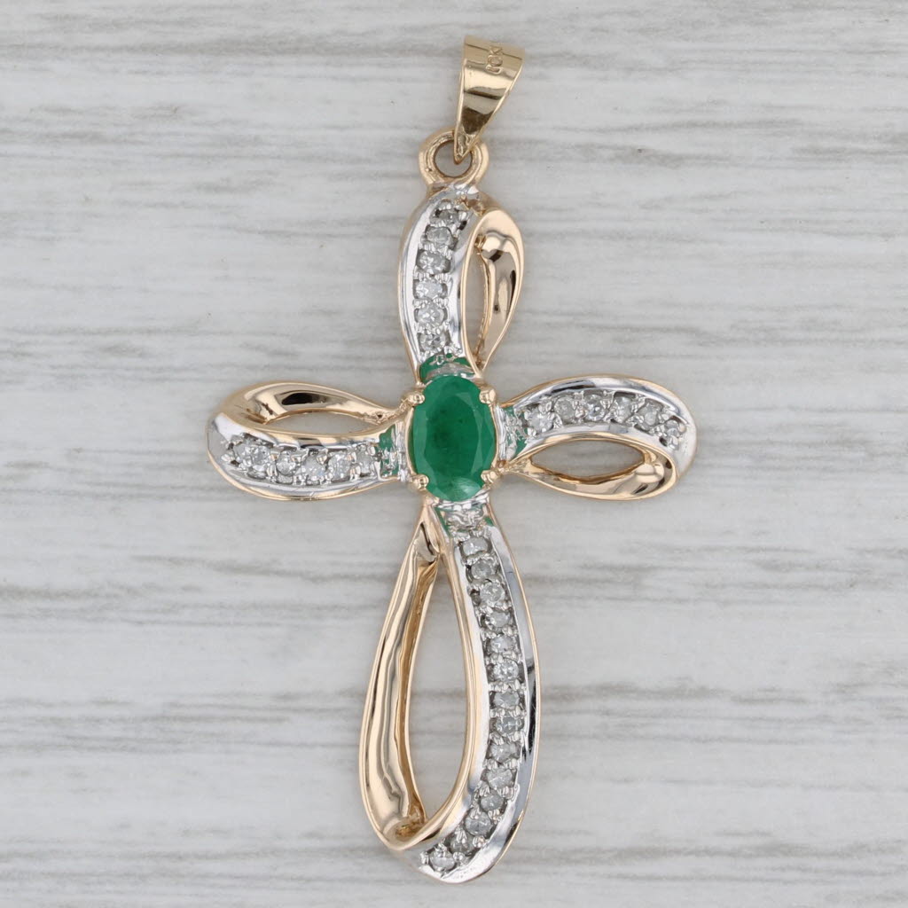 Gray 0.70ctw Emerald Diamond Cross Pendant 10k Yellow Gold