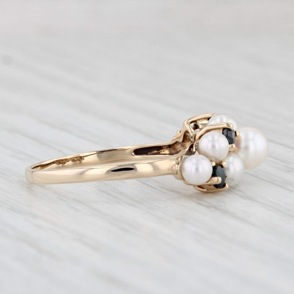 Light Gray Cultured Pearl Blue Sapphire Cluster Ring 14k Yellow Gold Size 9