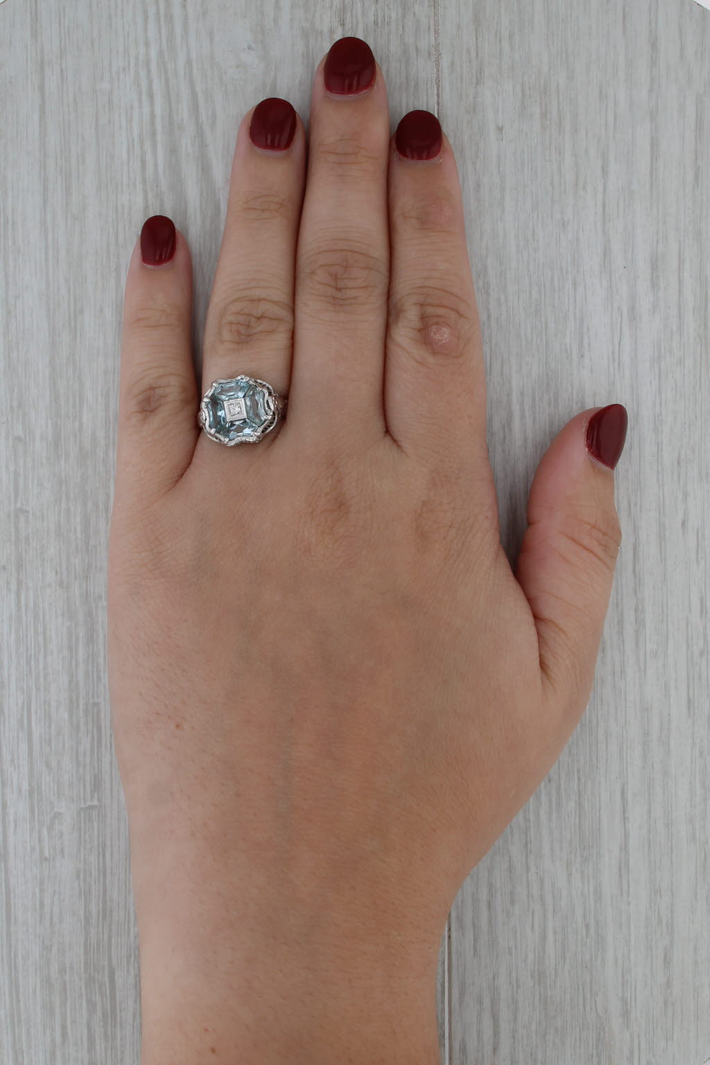 Vintage Aquamarine Diamond Ring 14k White Gold Filigree Size 7.5