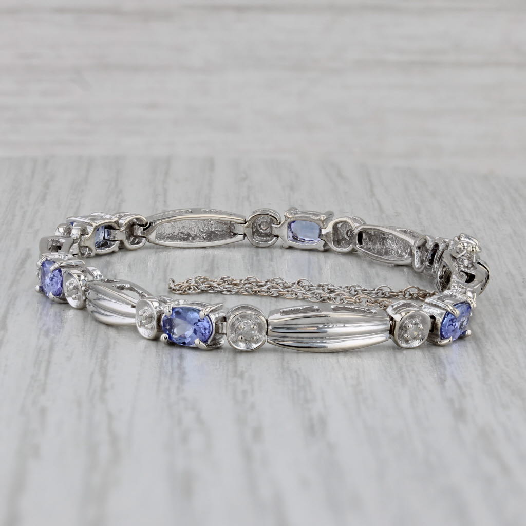 Gray 3.15ctw Tanzanite Diamond Bar Link Bracelet 14k White Gold 6.5"