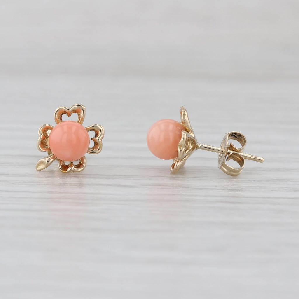Vintage Coral Shamrock 4-Leaf Clover Stud Earrings 14k Yellow Gold Floral Studs