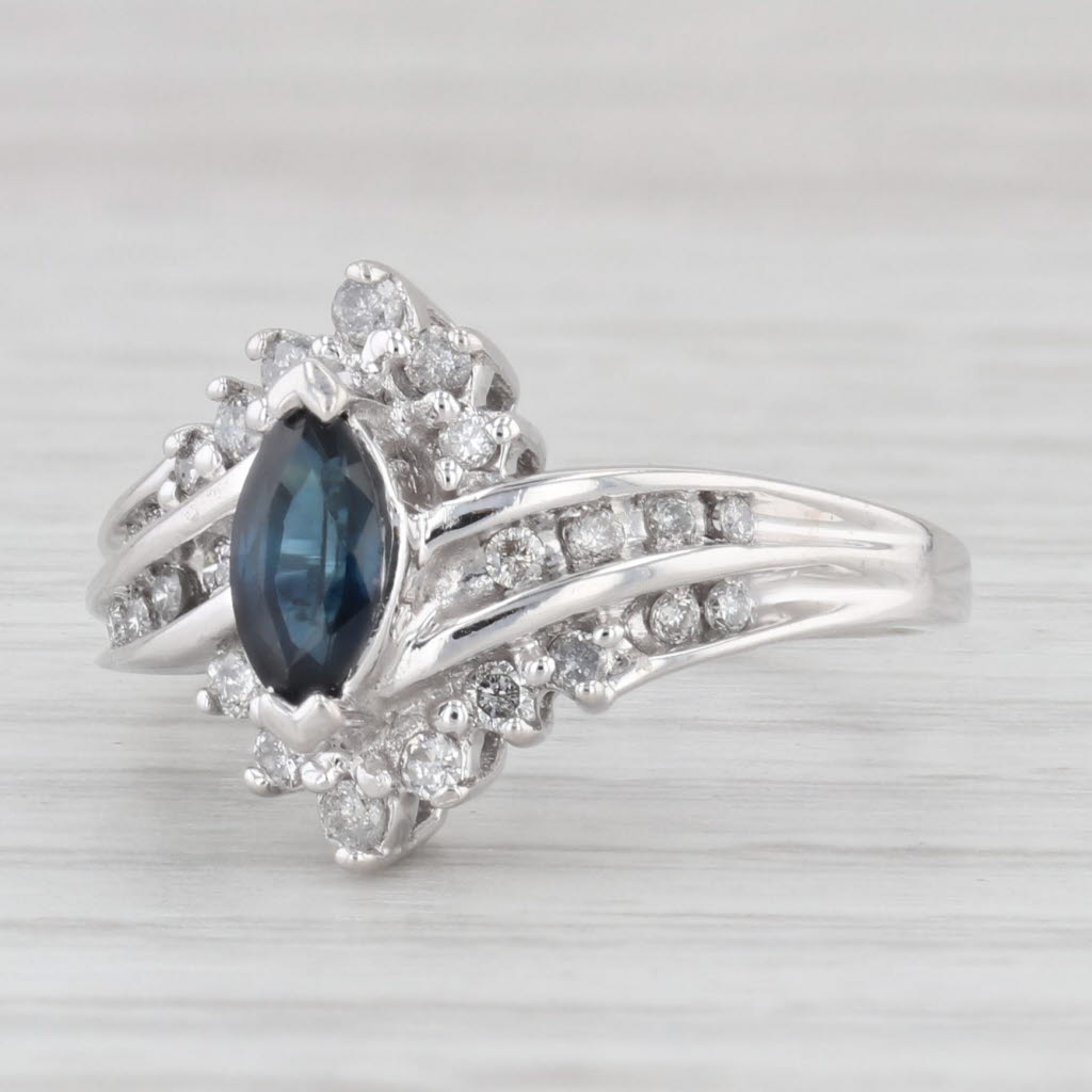 Light Gray 0.81ctw Marquise Blue Sapphire Diamond Bypass Ring 10k White Gold Size 5.25