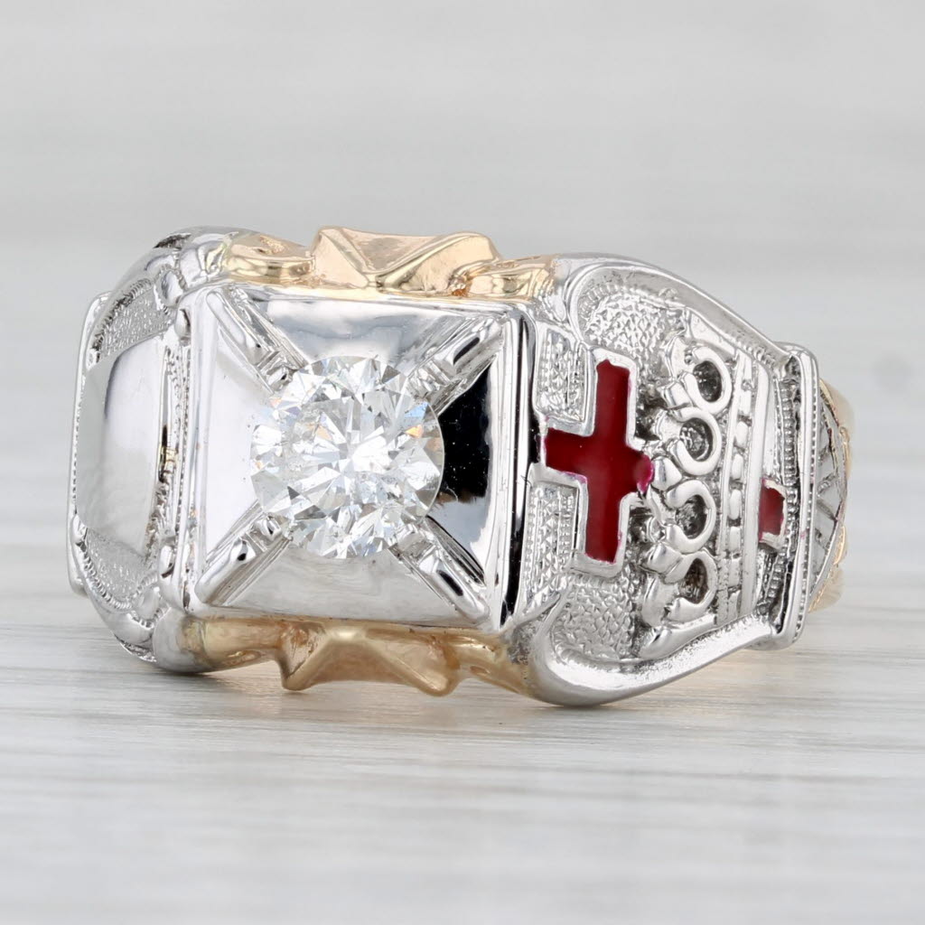 Light Gray 0.93ct Diamond Masonic Royal Arch Knights Templar Ring 14k Gold Size 11.5