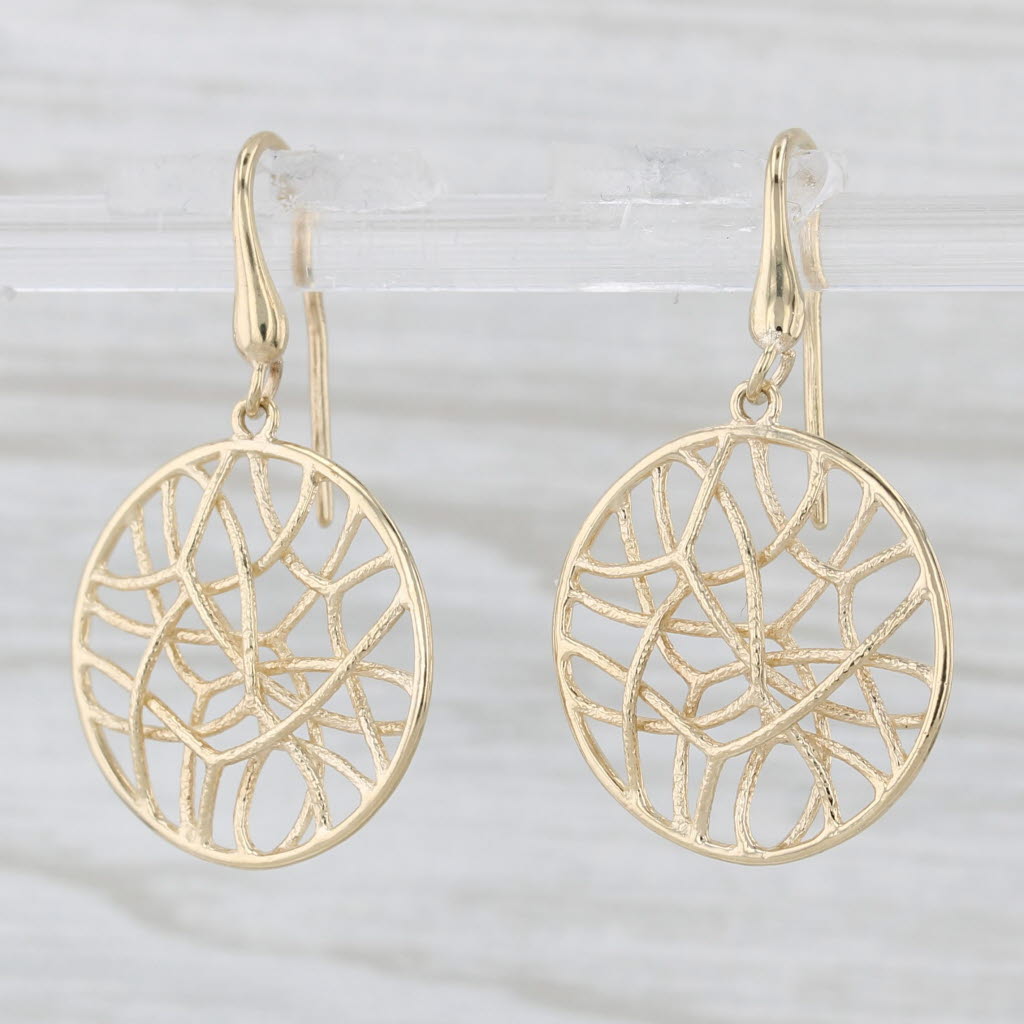 Light Gray Abstract Filigree Circle Dangle Earrings 14k Yellow Gold Hook Posts