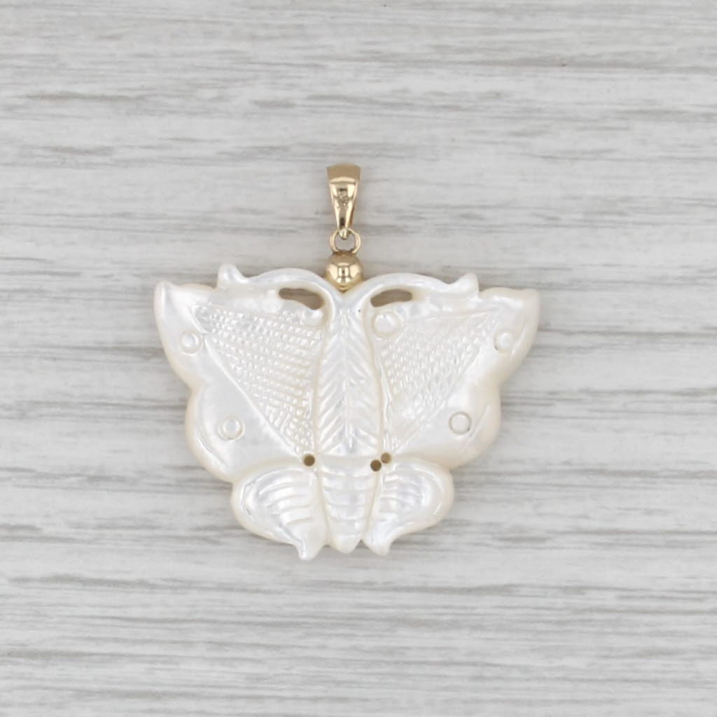 Carved Butterfly Mother of Pearl Pendant 14k Yellow Gold