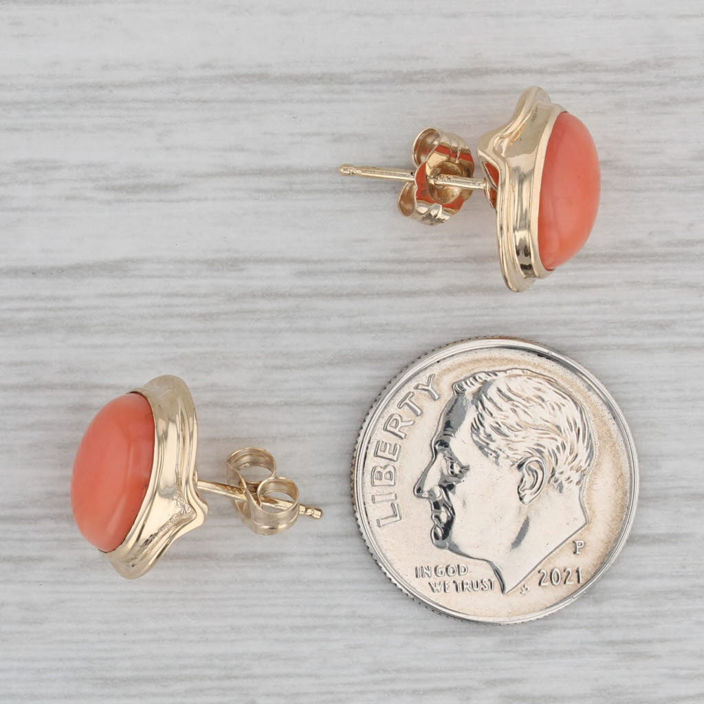 Gray Oval Coral Cabochon Stud Earrings 14k Yellow Gold