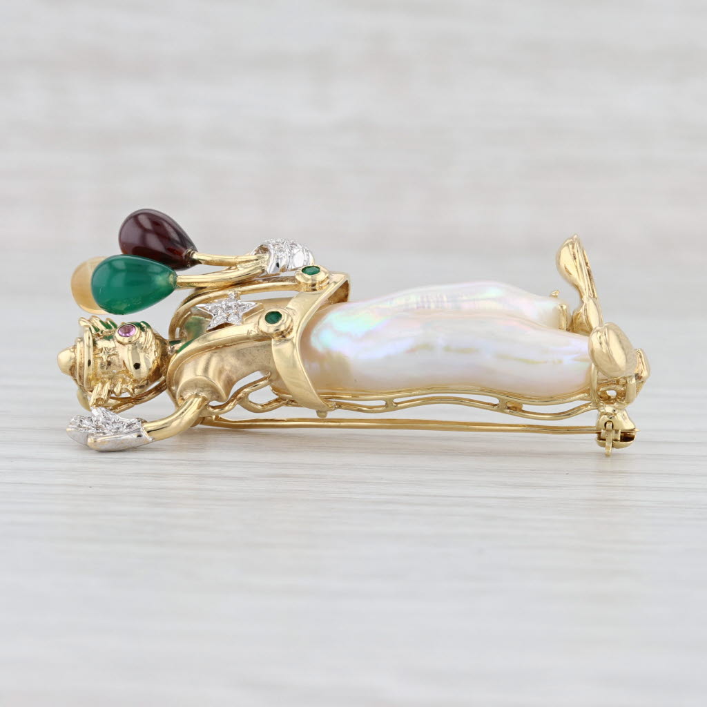 Light Gray Clown Balloons Brooch 18k Gold Diamond Citrine Emerald Cultured Pearl Yvel Pin