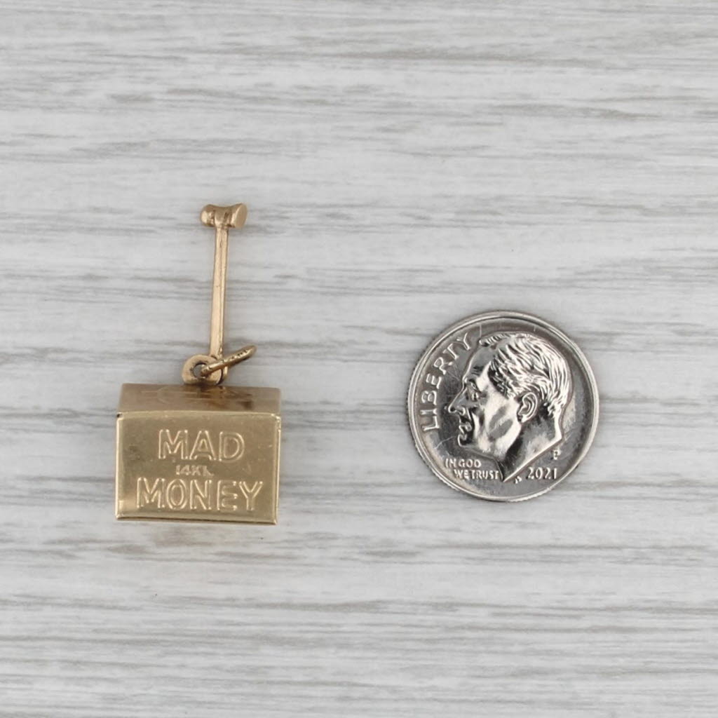 Vintage Emergency Money Dollar Bill in Box Pendant 14k Yellow Gold Charm