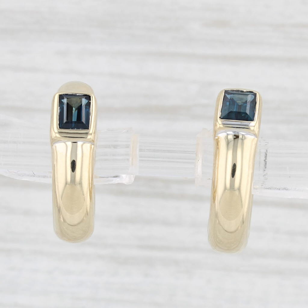 Light Gray 0.40ctw Bue Sapphire Hoop Huggie Earrings 14k Yellow Gold Round Hoops